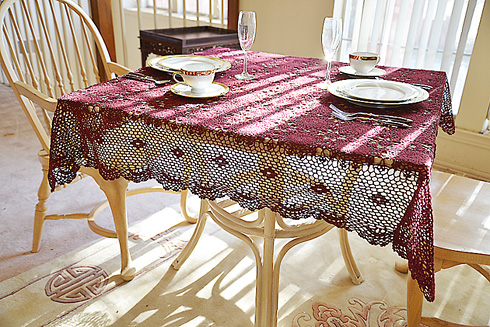 Festive Crochet Square Tablecloth. Merlot color. 45"SQ.
